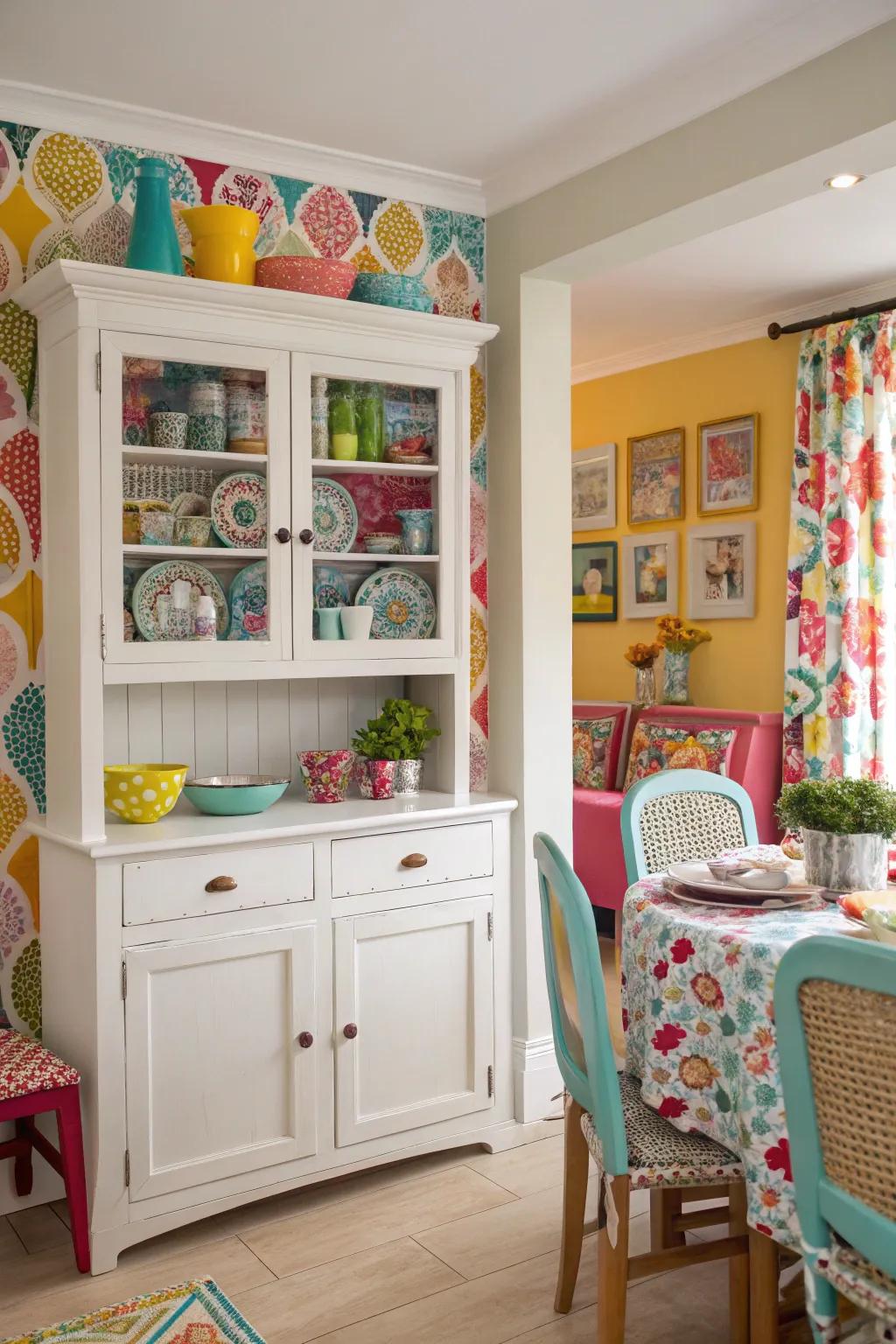 Patterned lining adds a touch of whimsy to this hutch.