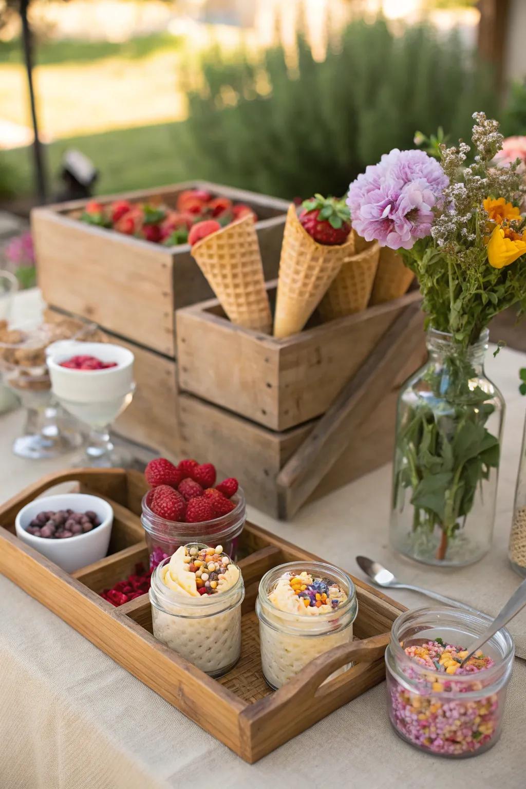 A rustic ice cream table that brings the beauty of nature to dessert time.