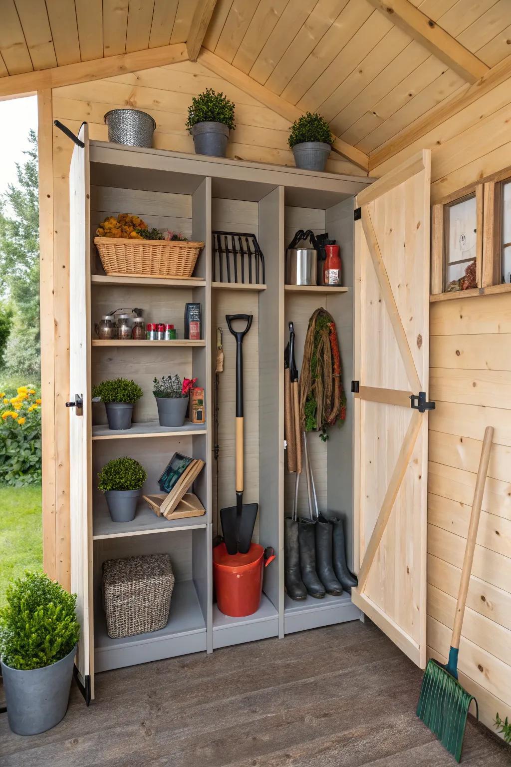 An organized shed keeps tools handy and garden-ready.