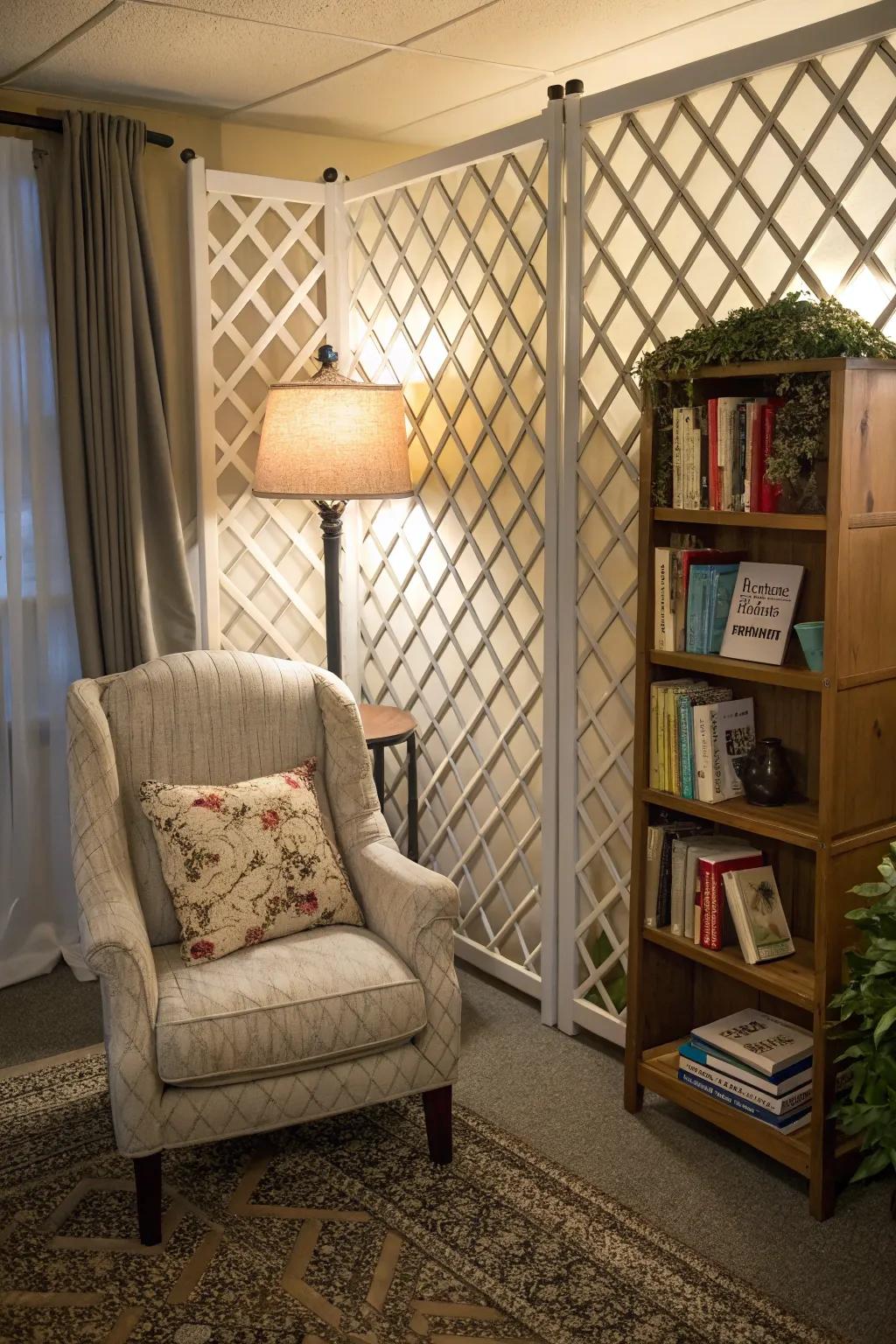 Lattice wall creating a cozy and inviting reading nook.