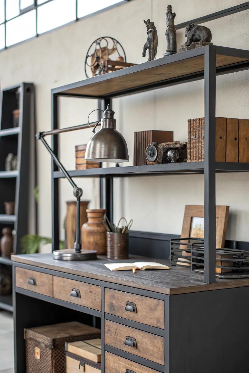 Open shelving adds both style and storage to your industrial workspace.