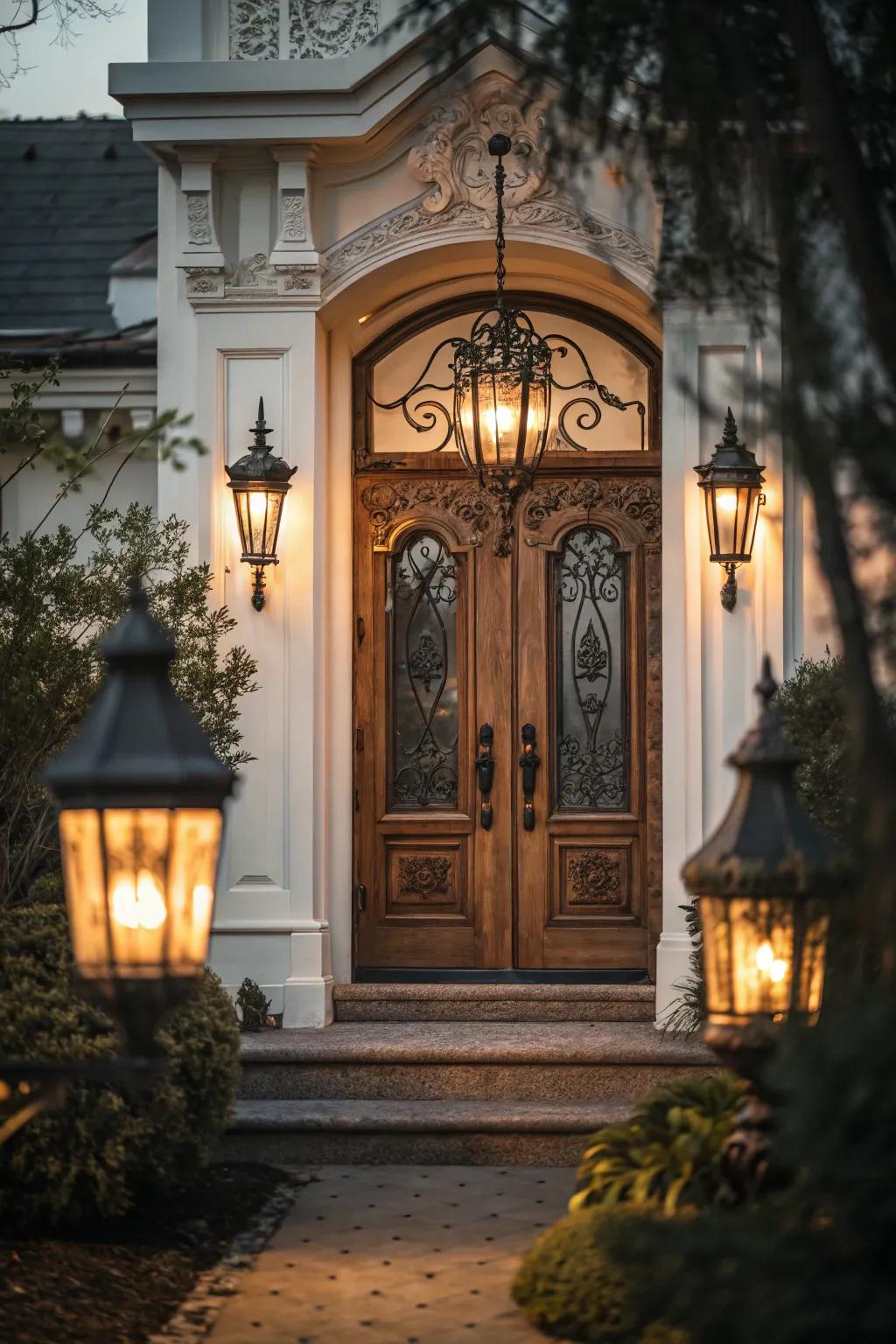 Lanterns add a timeless charm to this inset front door.