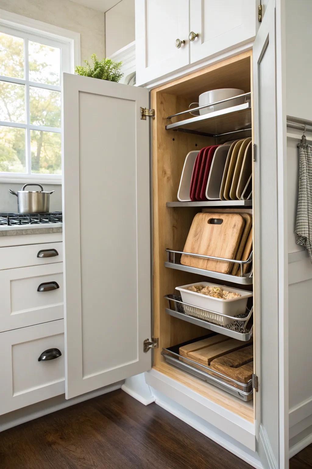 Vertical racks keep cutting boards accessible and organized.