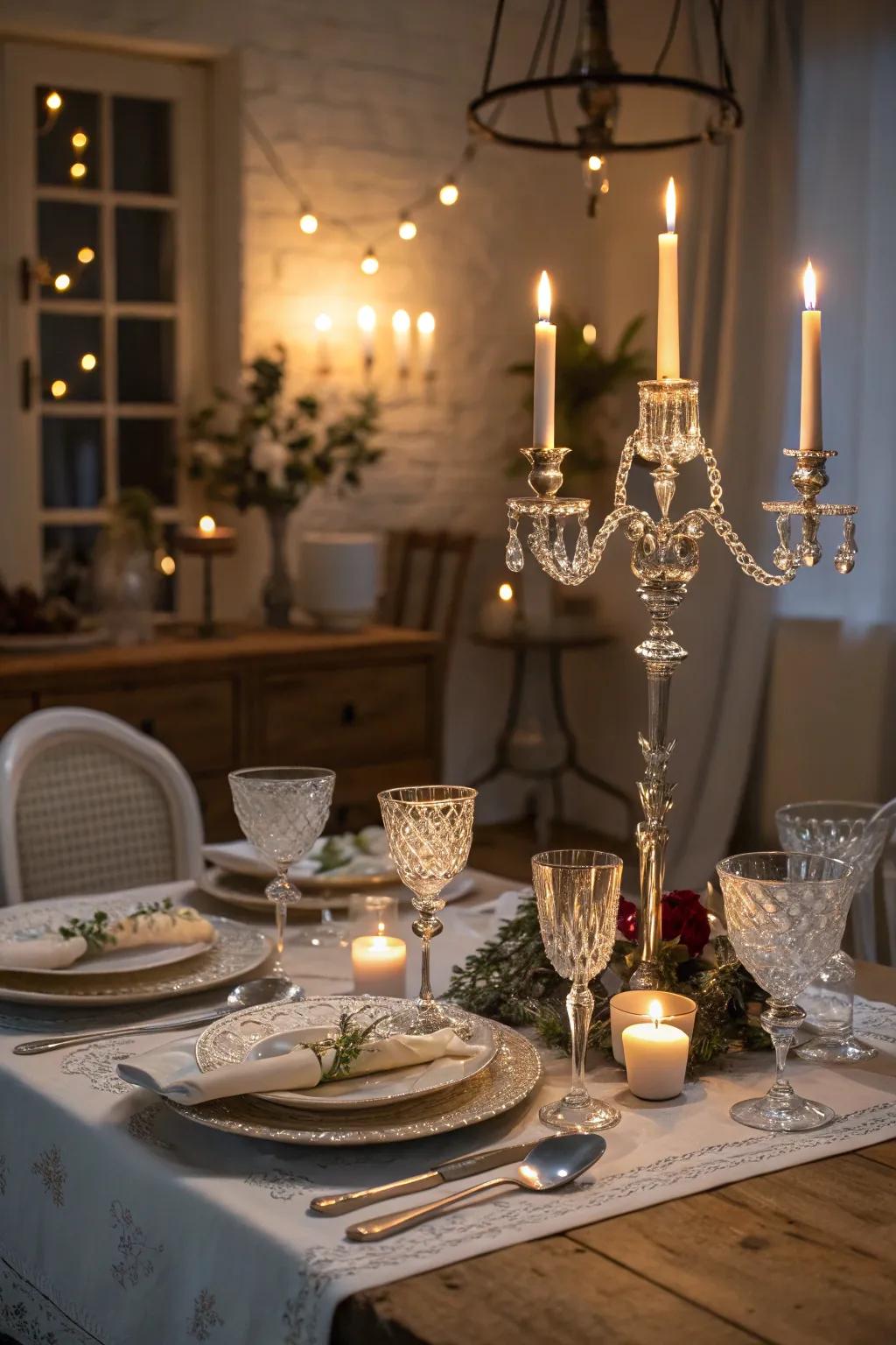 Candlelight enhances the cozy ambiance.