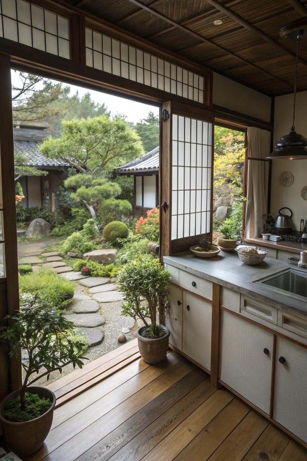 Nature integration brings life into this Japanese kitchen.