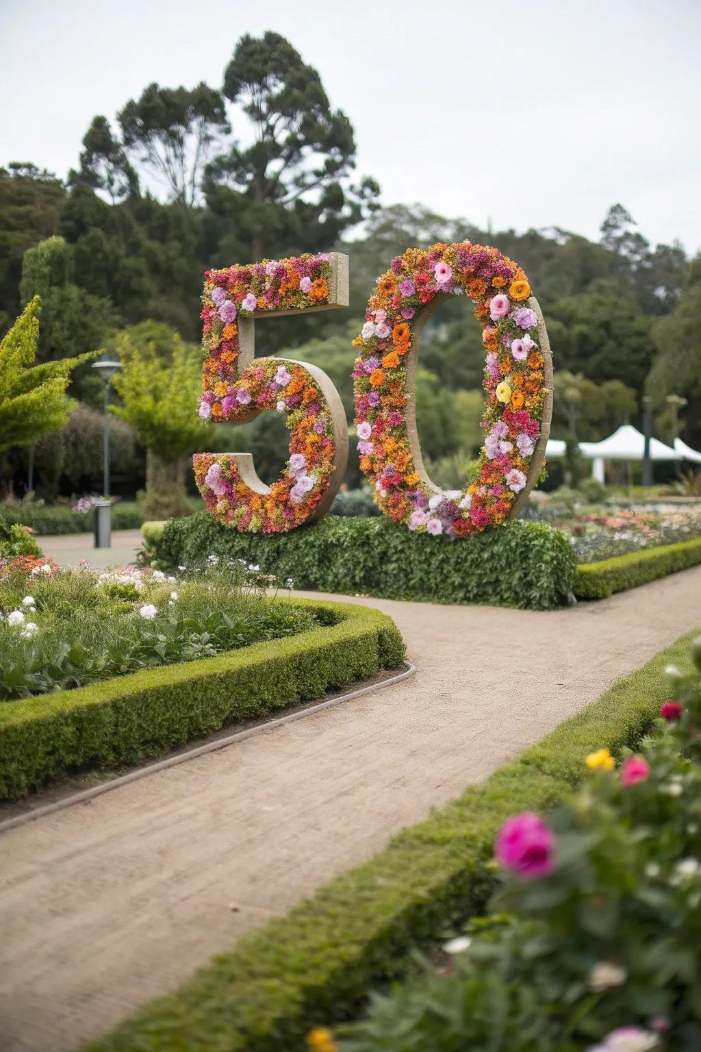 Large decorative numbers '50' crafted from flowers.