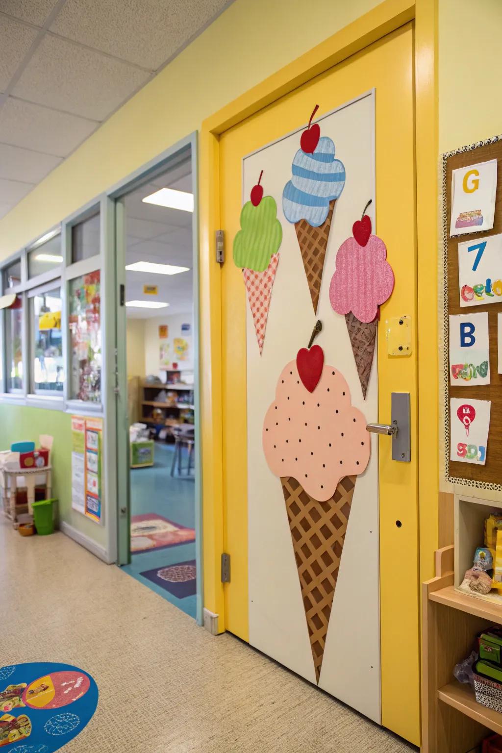 A kindergarten door decorated with playful ice cream cone designs.