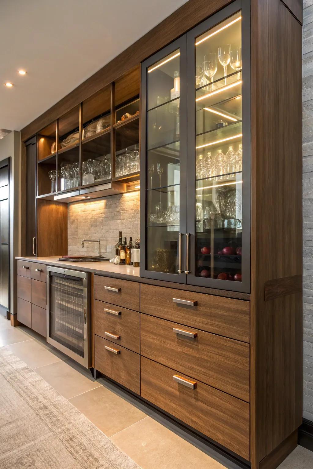 A stunning blend of materials adds interest to this bar cabinet.