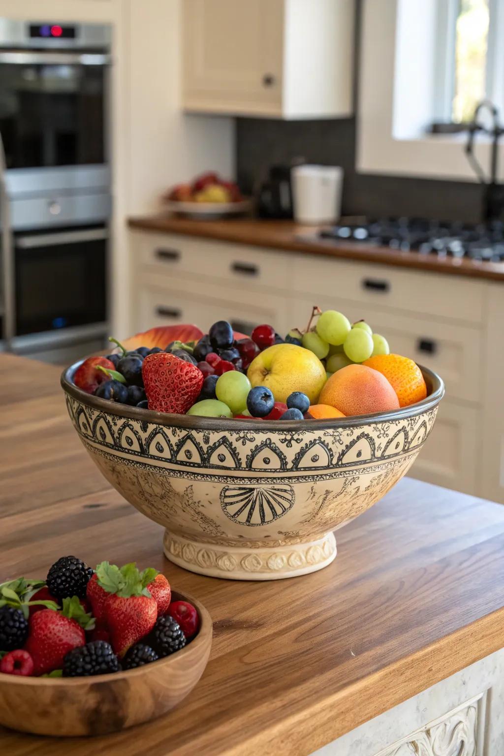 Handcrafted pottery bowls add artistic flair to any kitchen.