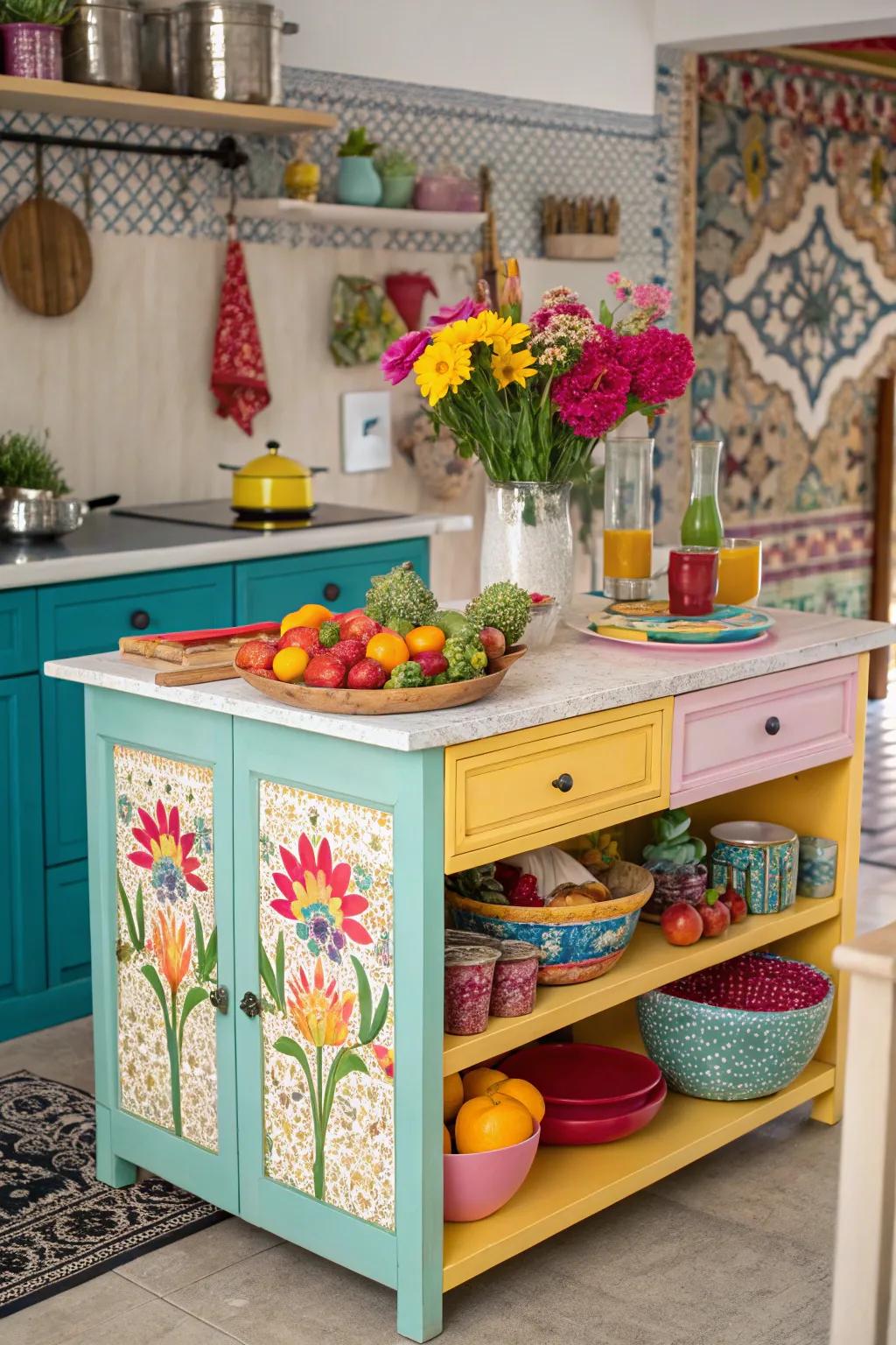 A bold painted back panel adds a splash of color and personality to this kitchen island.