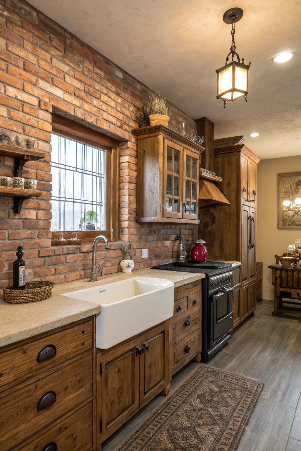 Brick paneling brings rustic charm to the kitchen.