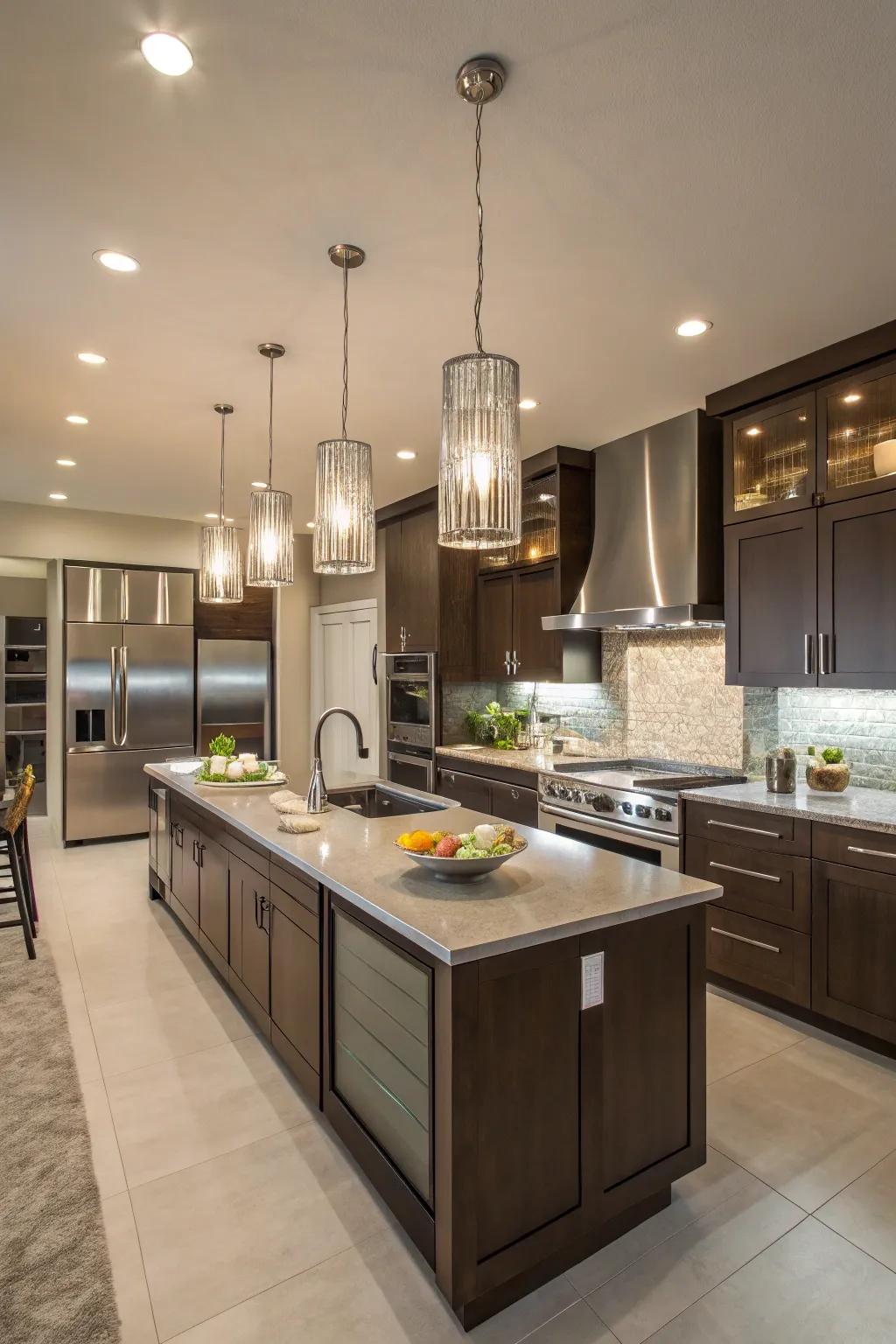 A kitchen illuminated by stylish pendant and recessed lighting.