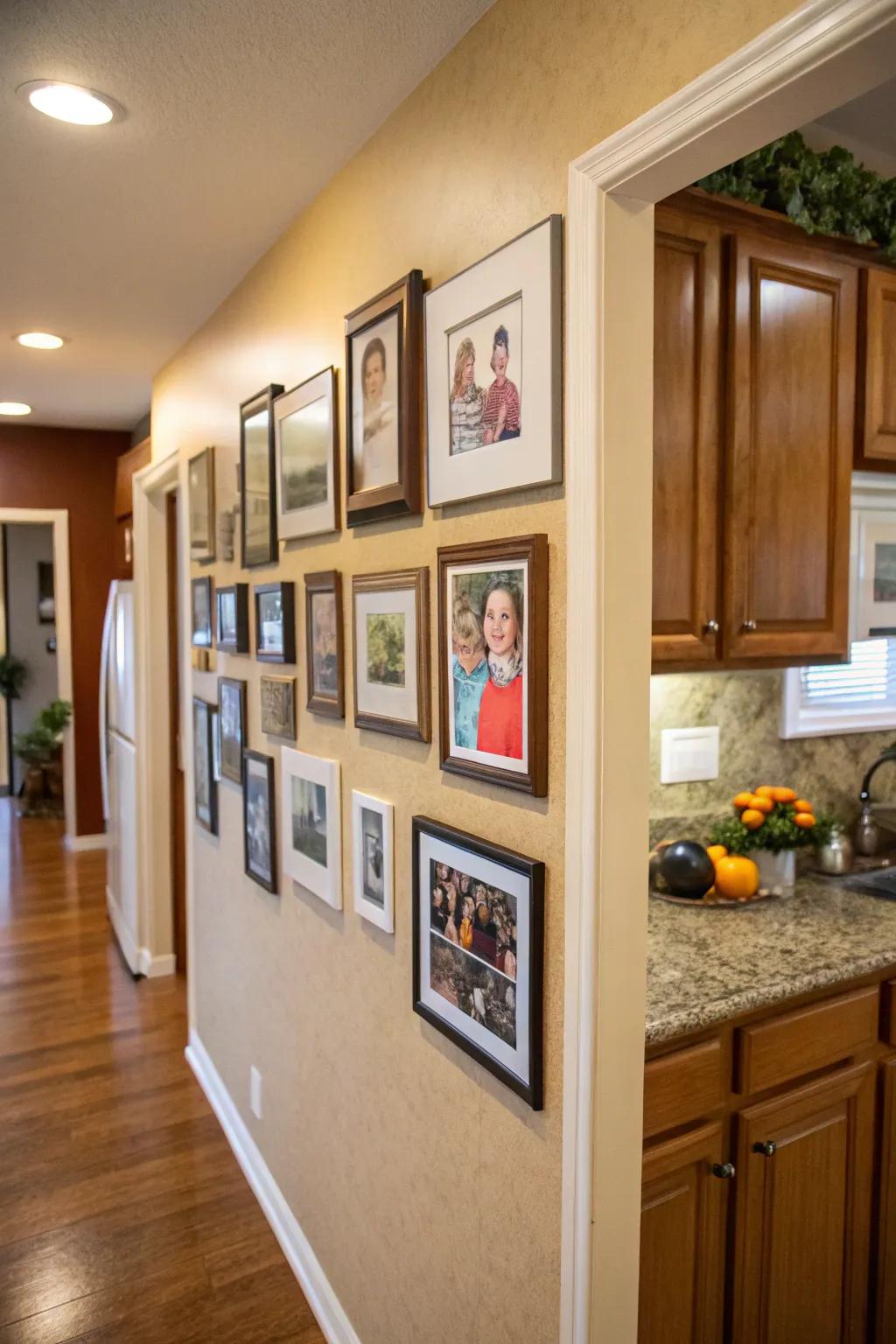 A kitchen wall gallery featuring framed family photos, adding a personal touch.