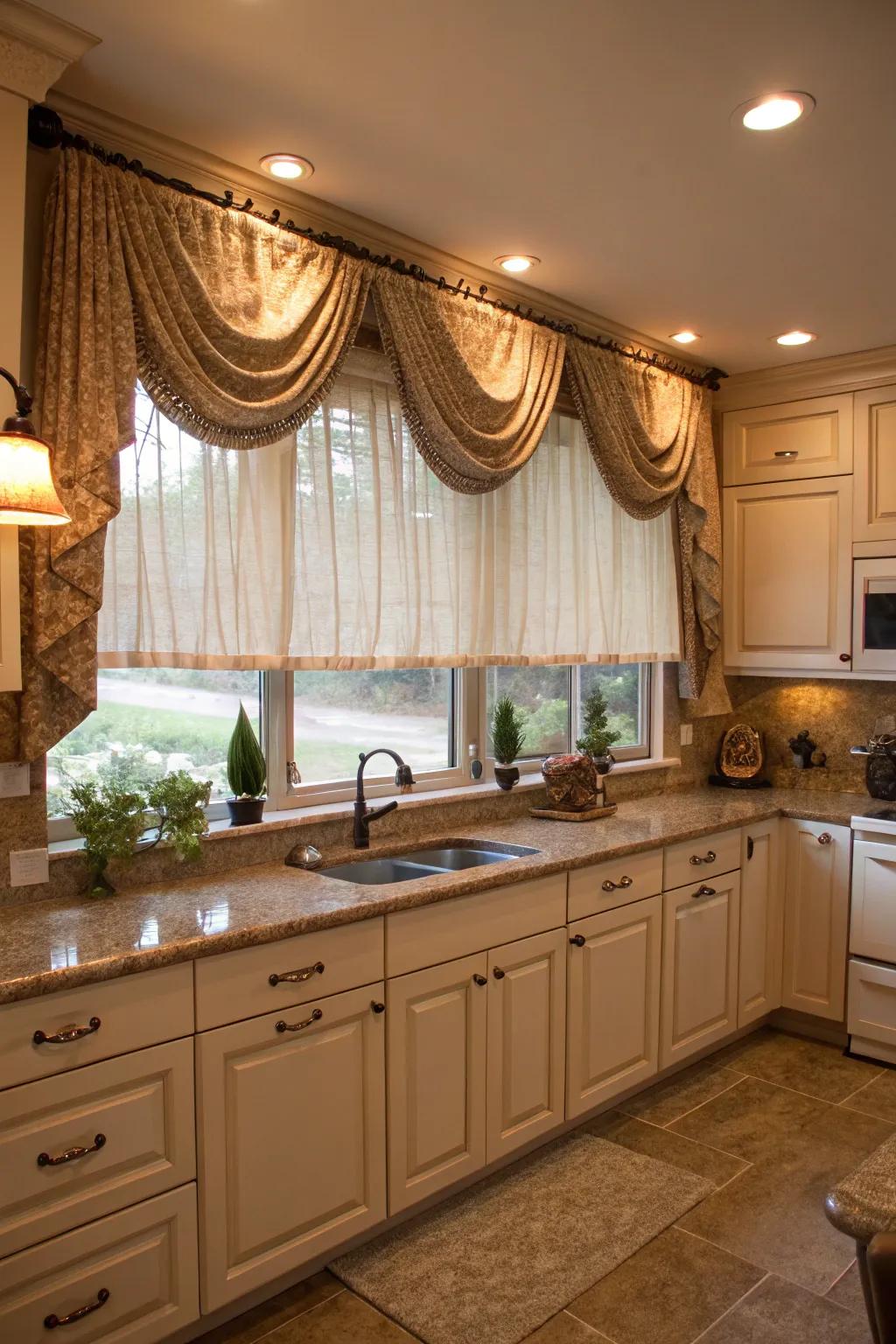 Layered treatments add texture and visual interest to kitchen windows.