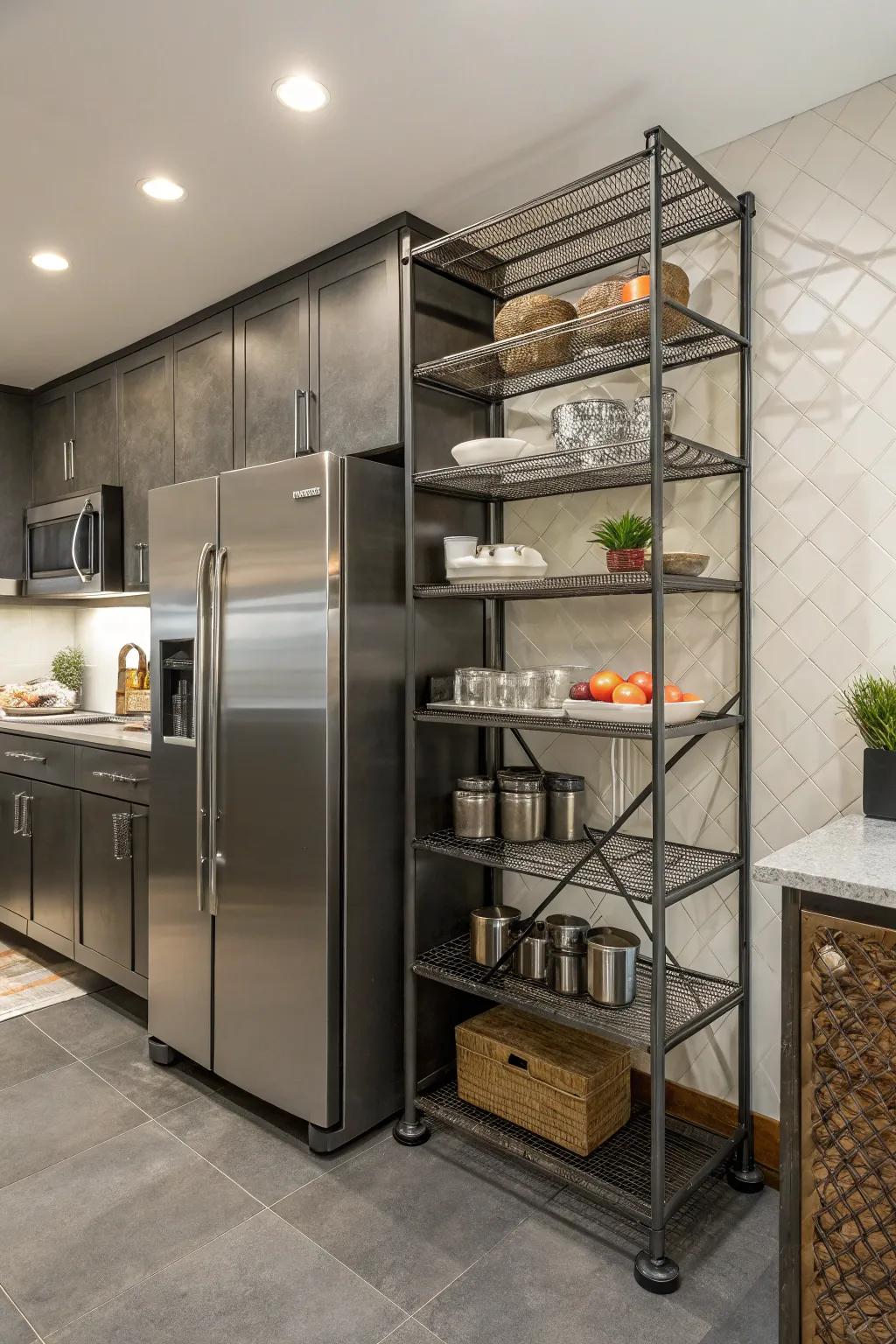 A kitchen featuring industrial metal shelving that frames the fridge, adding both style and storage.