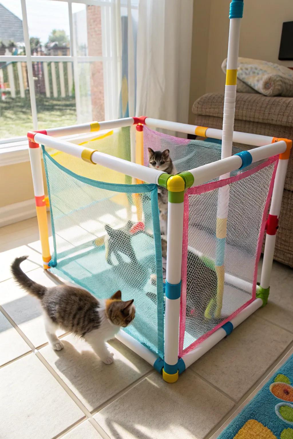 A personalized play area created with PVC pipes, perfect for crafty pet owners.