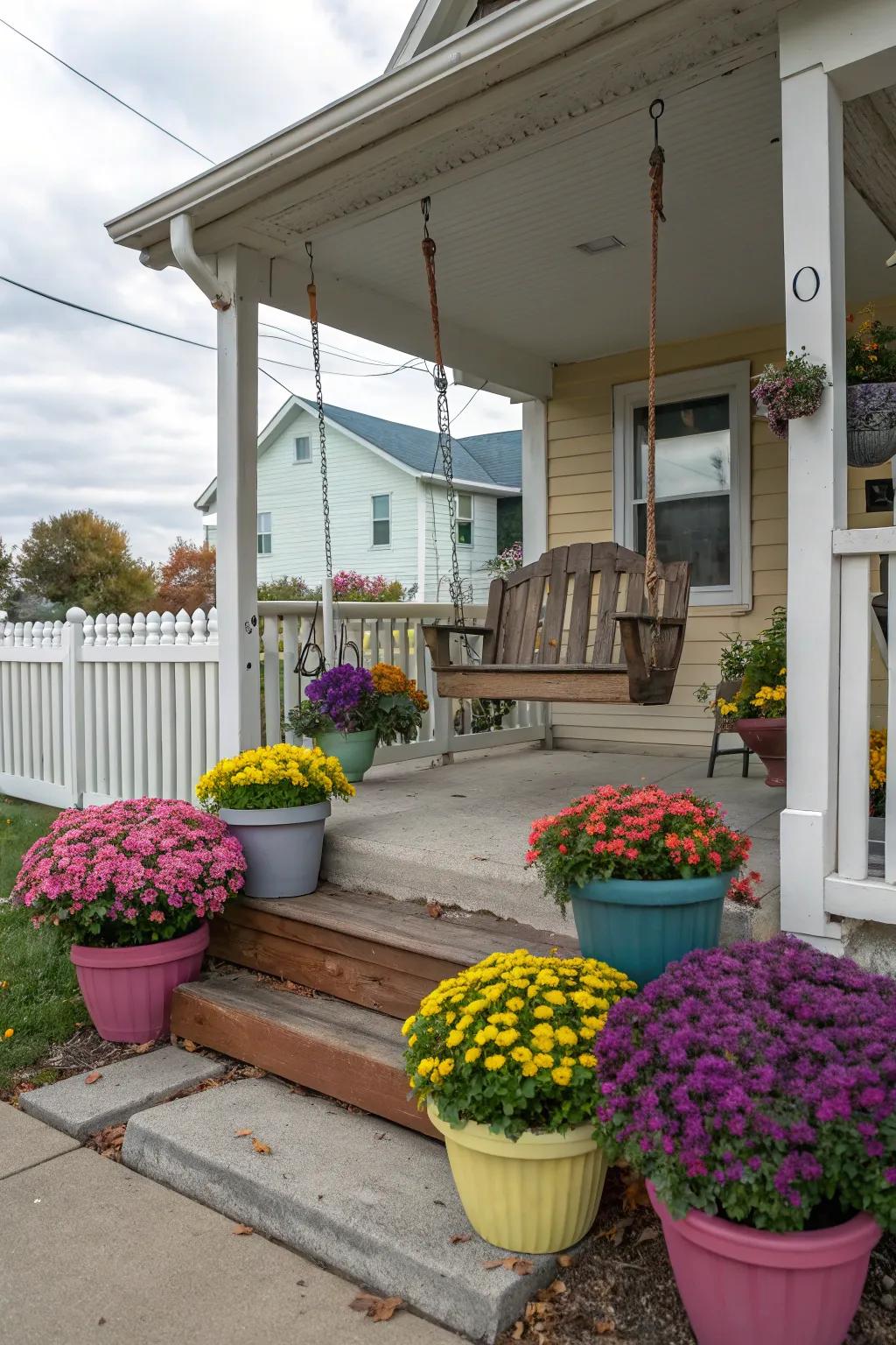 Planters on the porch offer a warm welcome with seasonal blooms.