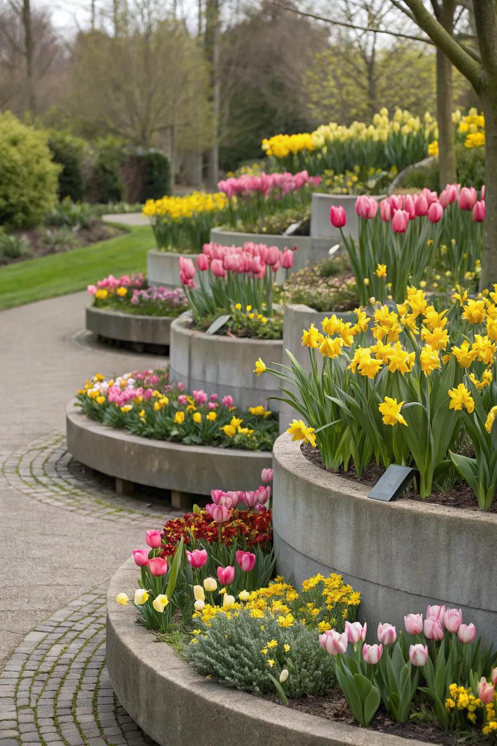 Tulips and daffodils in elevated planters, creating a striking visual focal point.