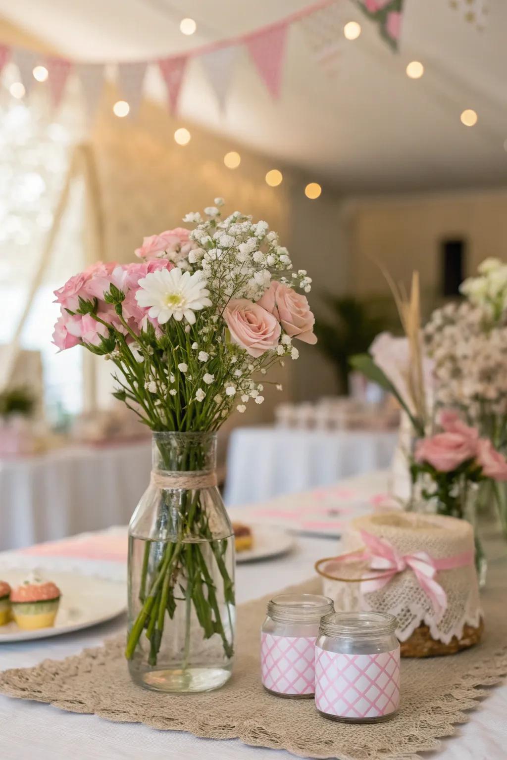 Fresh floral centerpieces bring a touch of elegance to the baby shower table.