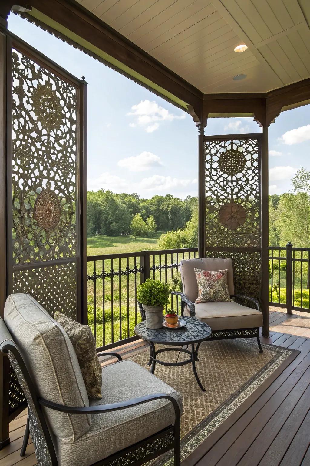 Ornate decorative screens add artistic flair to this inviting deck space.