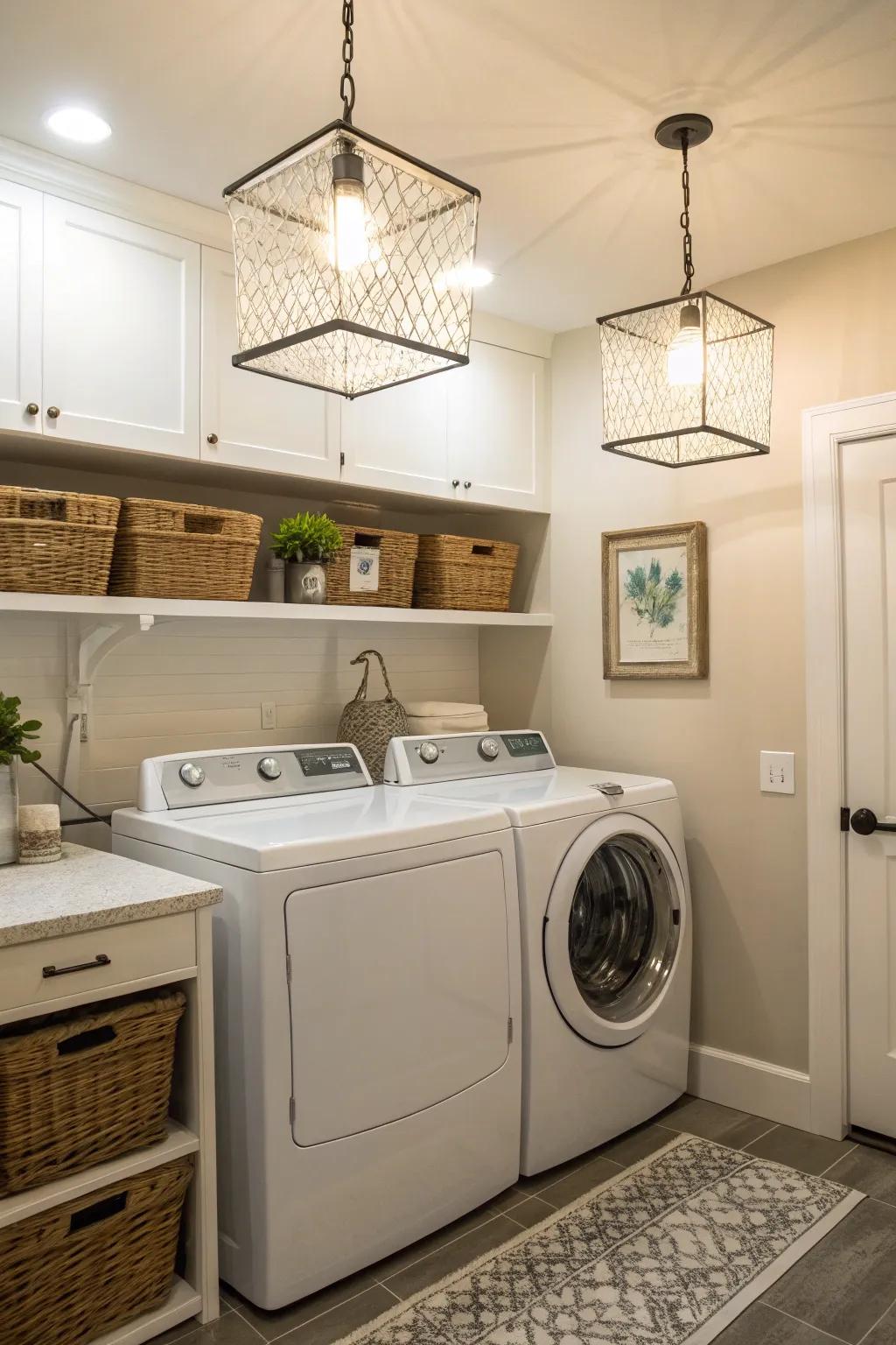 Bright lighting transforms the laundry room into a welcoming space.