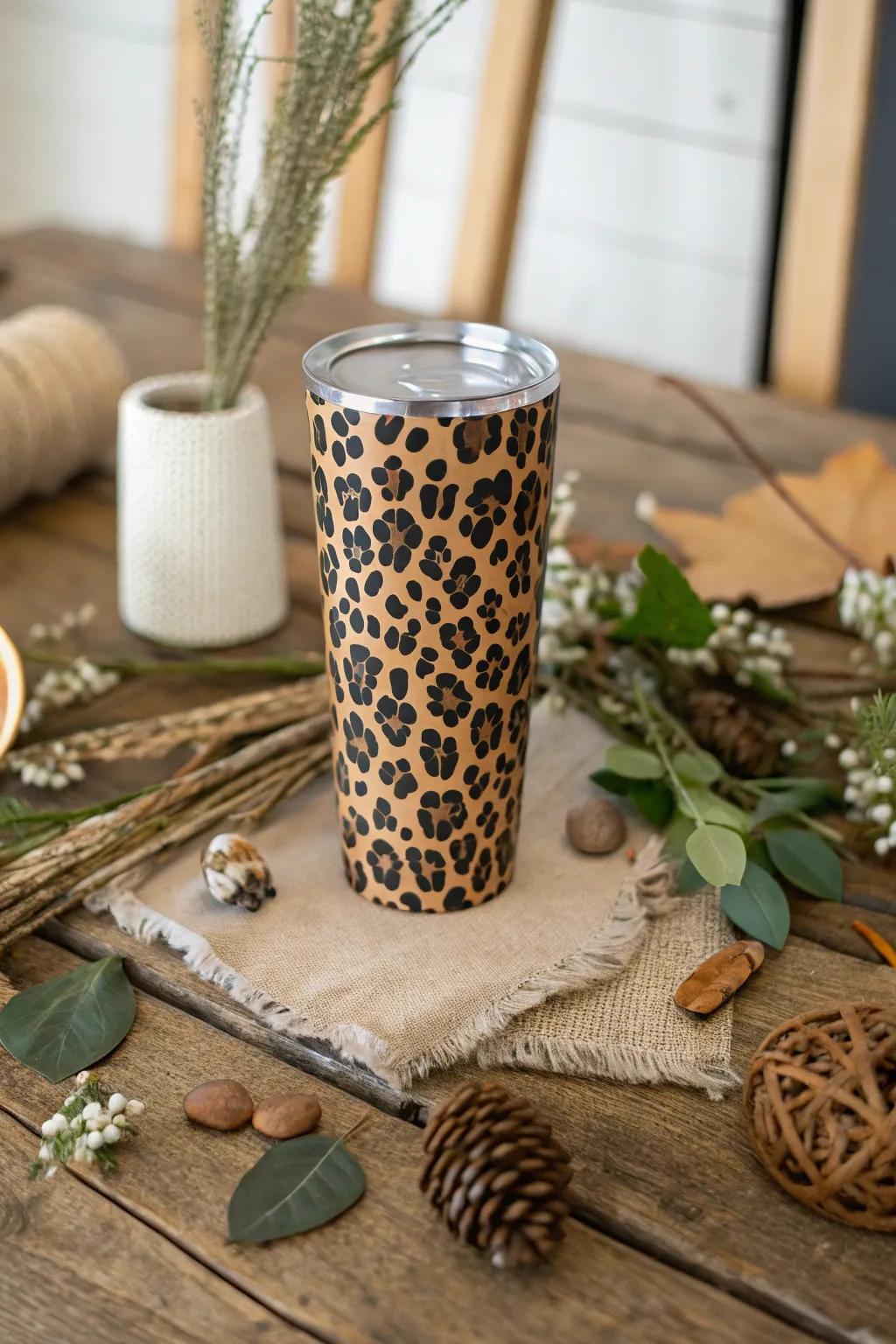 Embrace rustic charm with a leopard print tumbler in a natural setting.