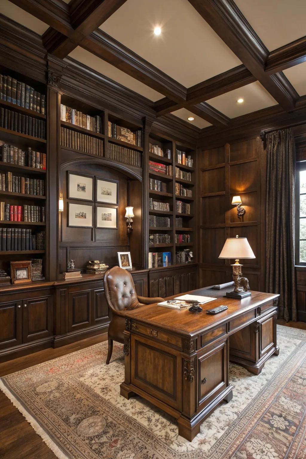 An elegant home library featuring classic furniture and rich wood tones.