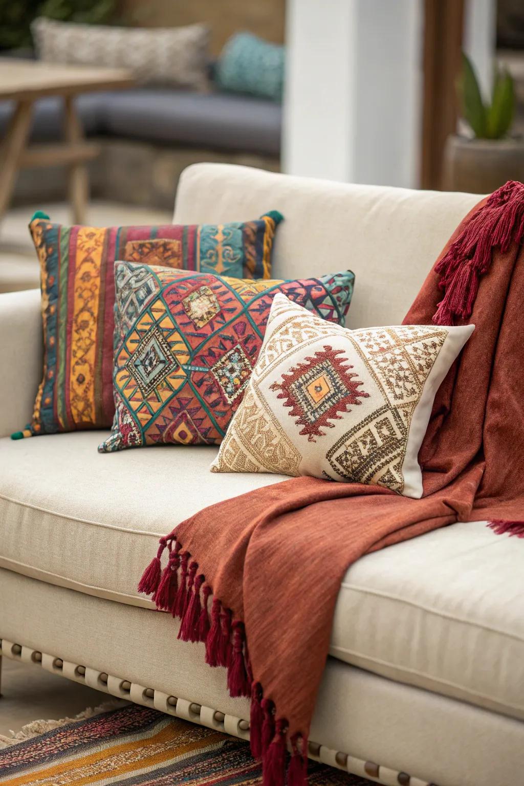 A neutral couch with vibrant accents.