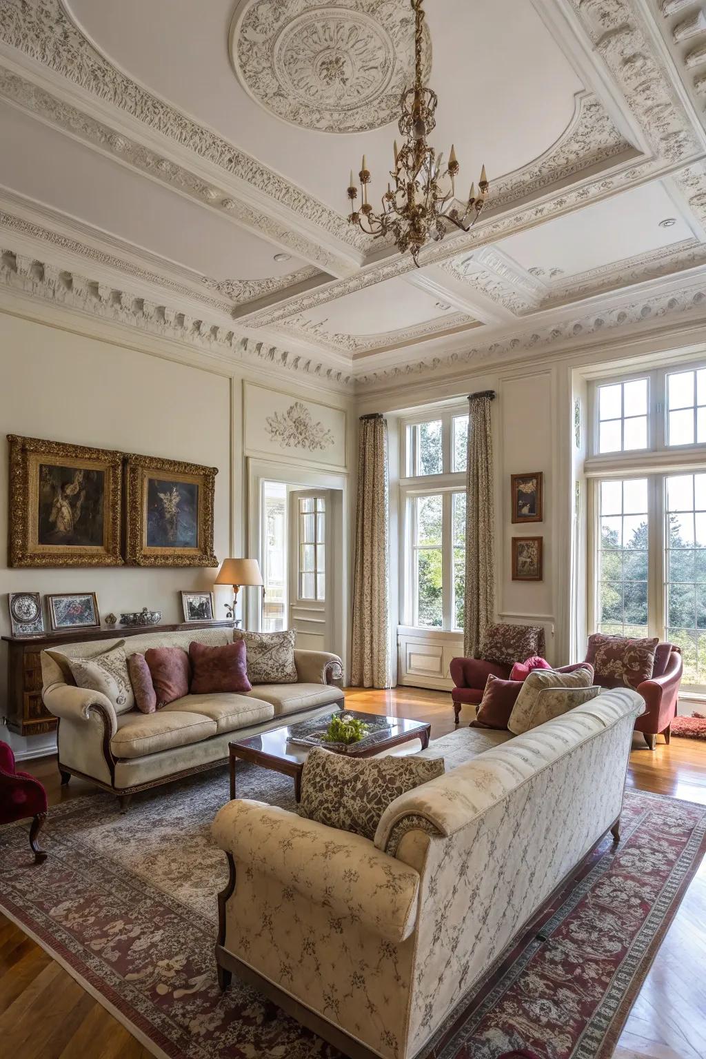 Ornate crown molding adds grandeur and elegance.