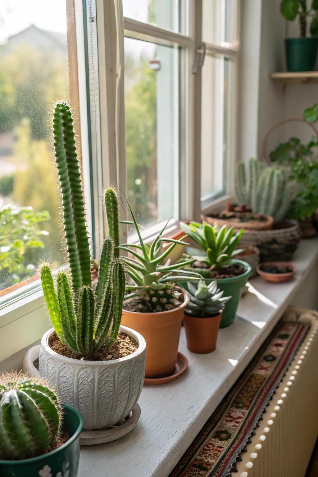 Sun-loving plants thrive on a window sill.