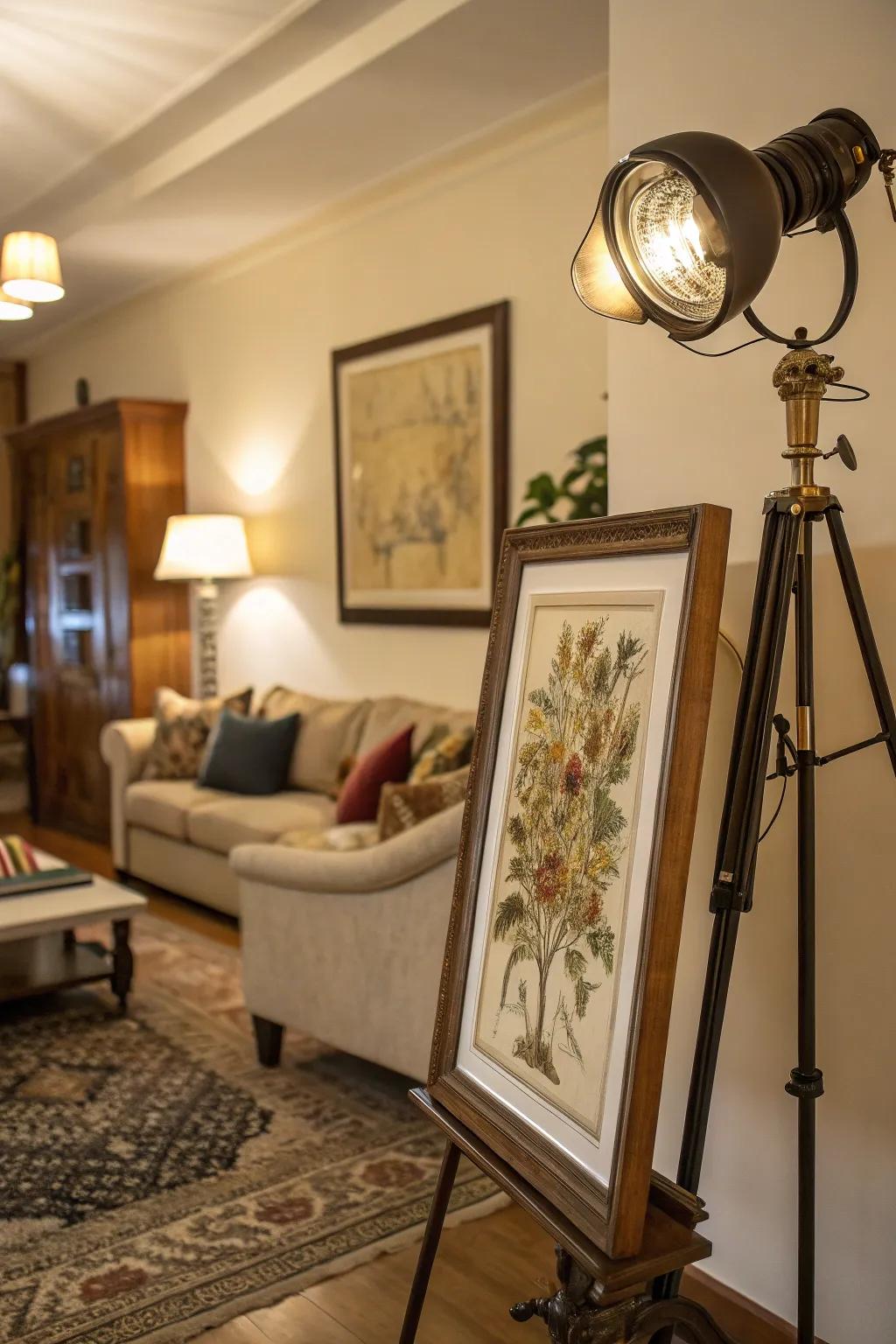 Accent lighting brings focus to the artwork in this living room.