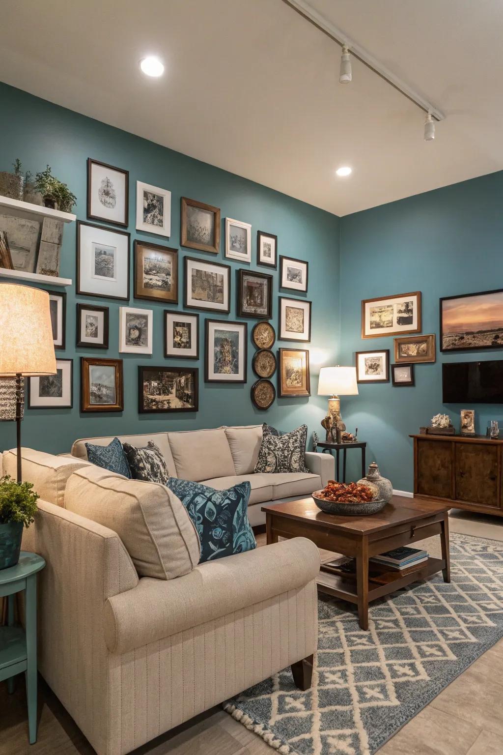 Use a coordinated color palette for a harmonious and cohesive photo wall.