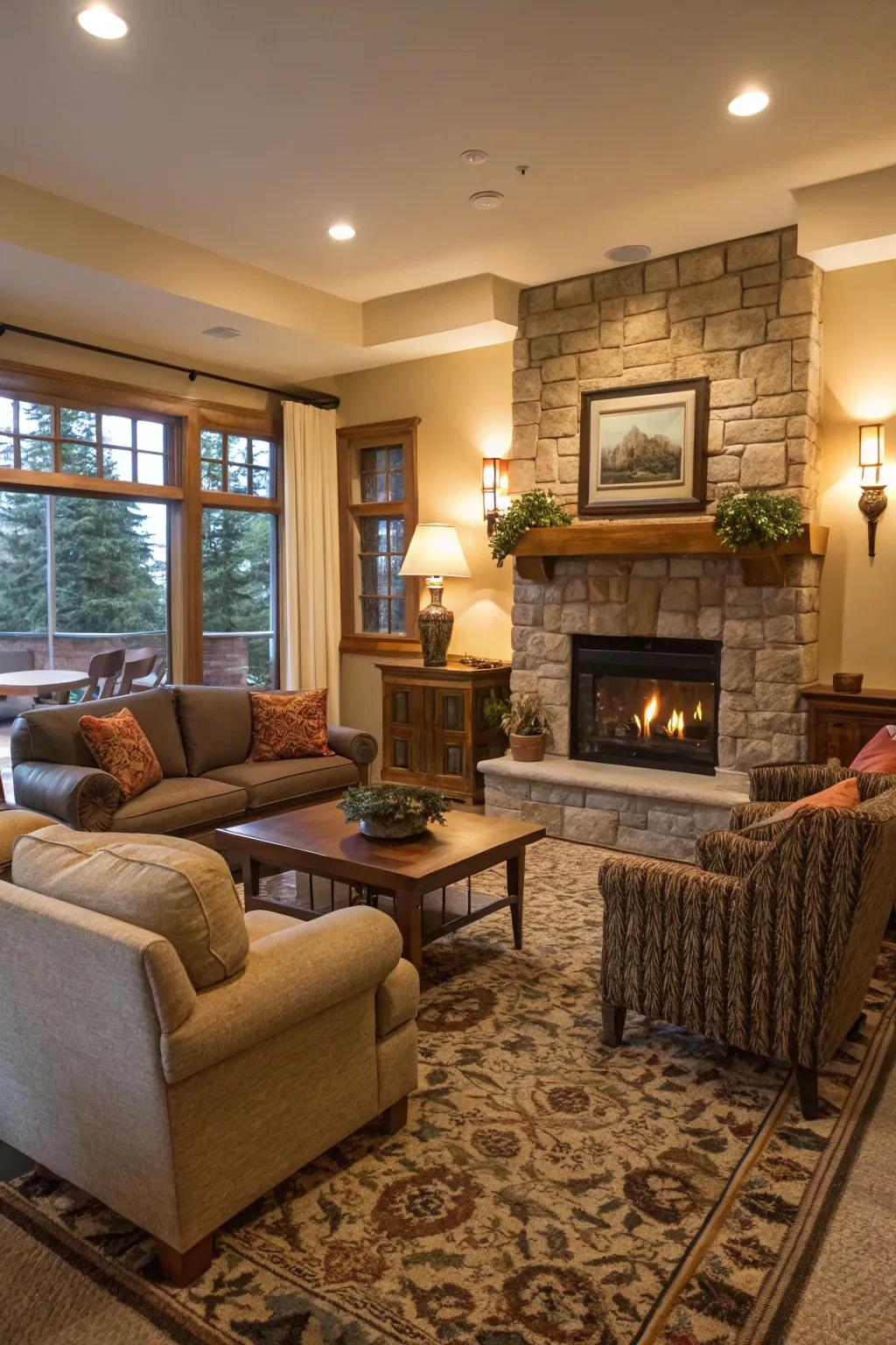 A functional living room layout with seating focused around the central fireplace.