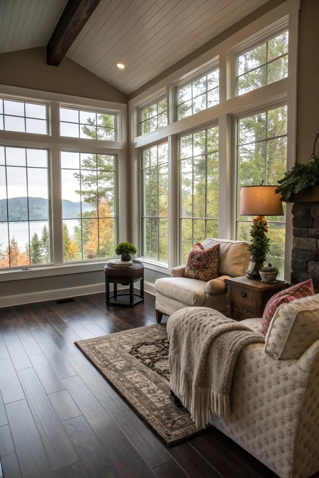 Natural light enhances the beauty of dark wood floors.