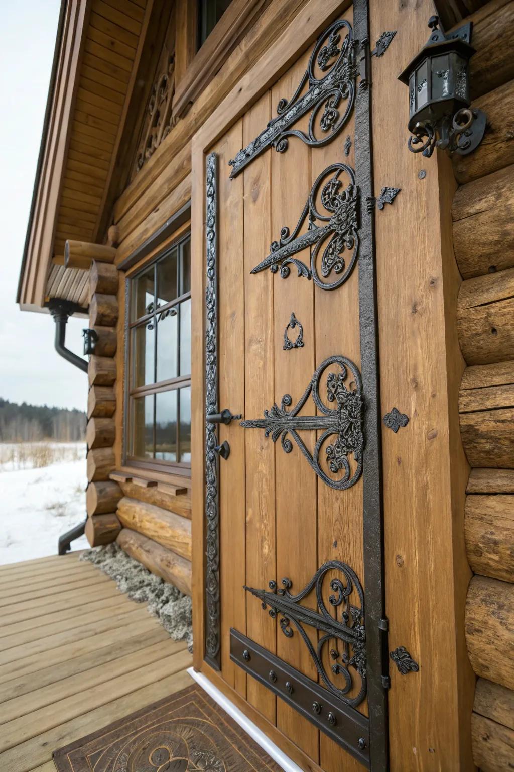 Decorative wrought iron hardware on a log cabin door.