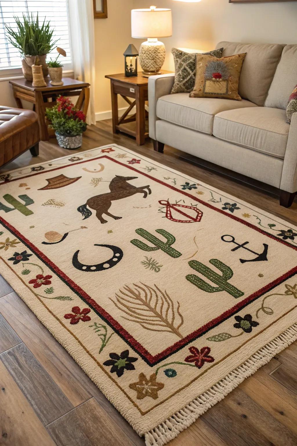 Western-themed area rugs add character and warmth.