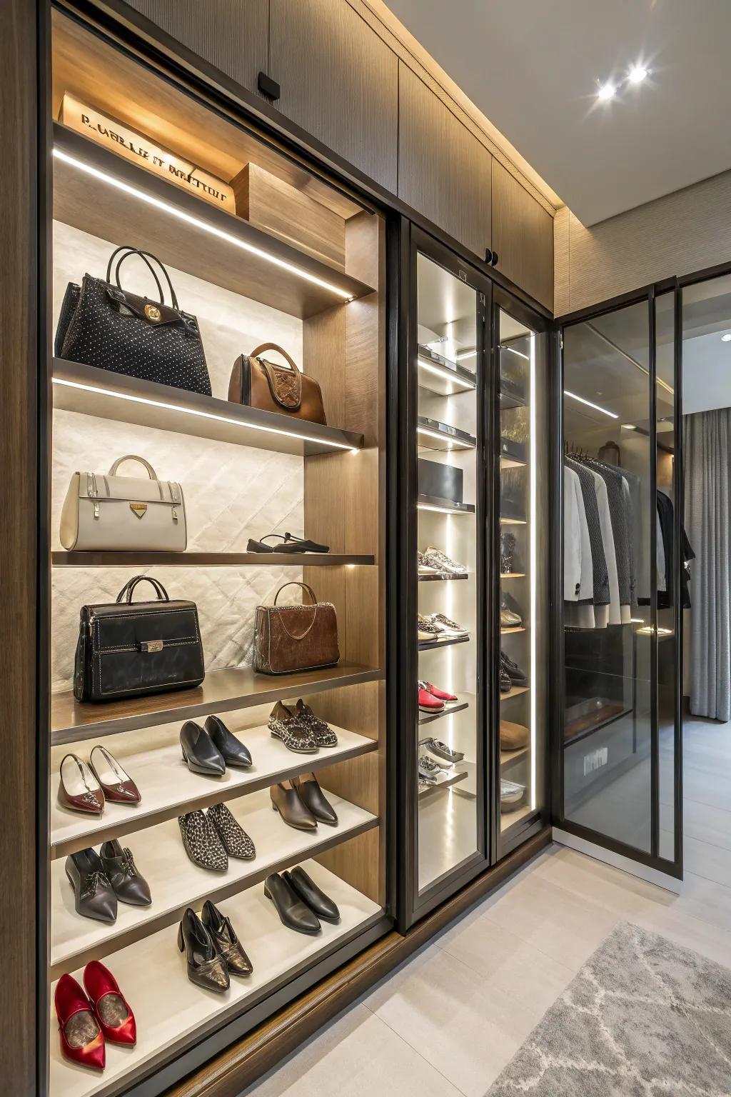 Open shelves showcasing a curated collection of shoes and handbags.