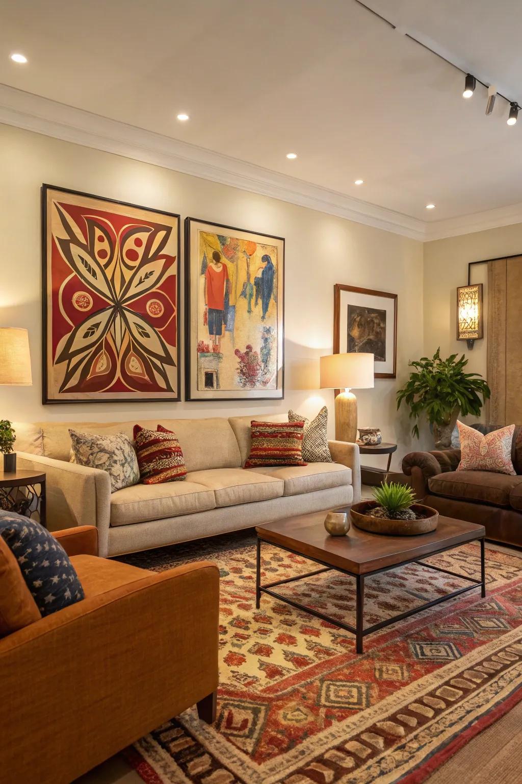 A bold art piece makes a striking statement in this glamorous living room.