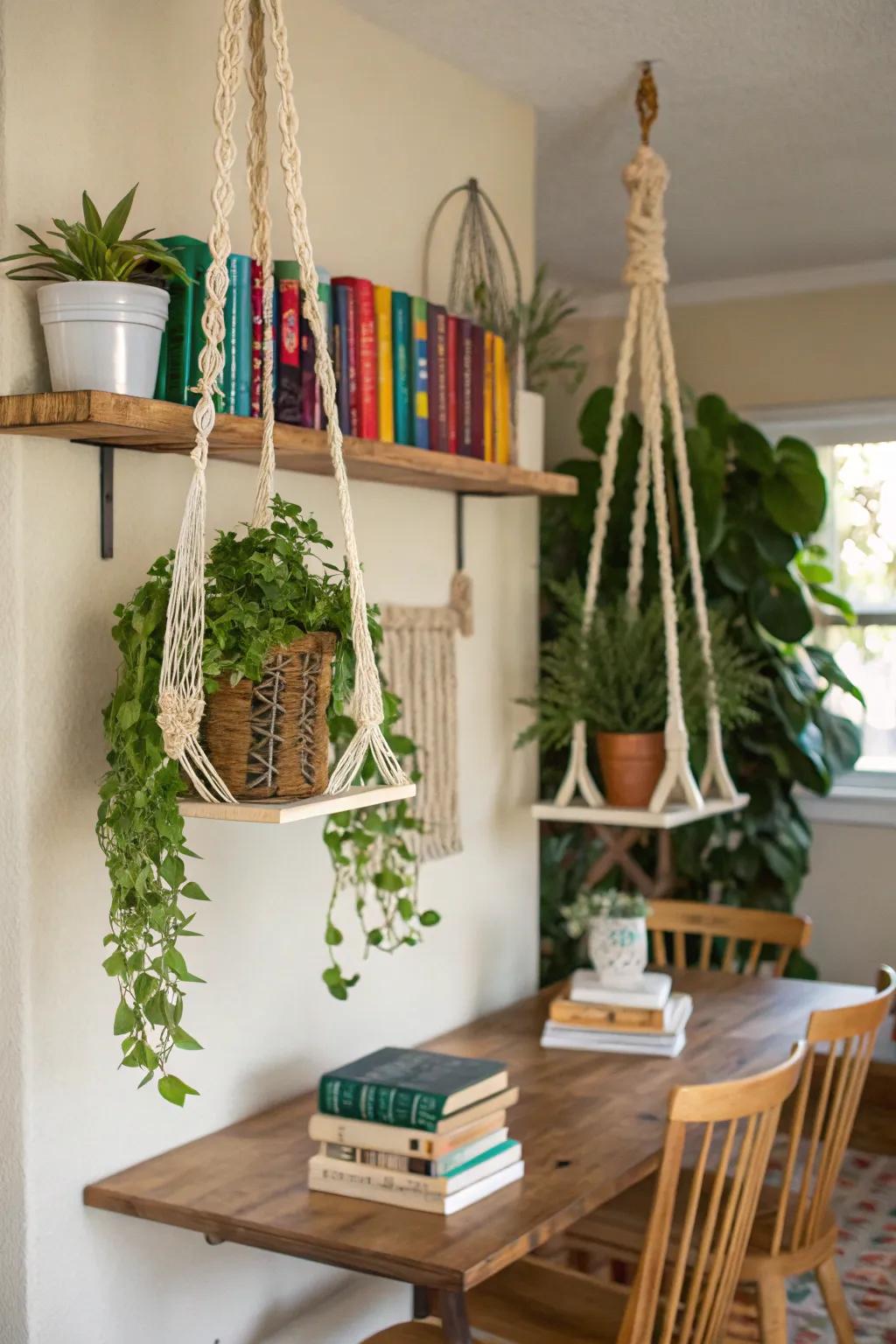 Macrame floating shelves providing charm and storage.