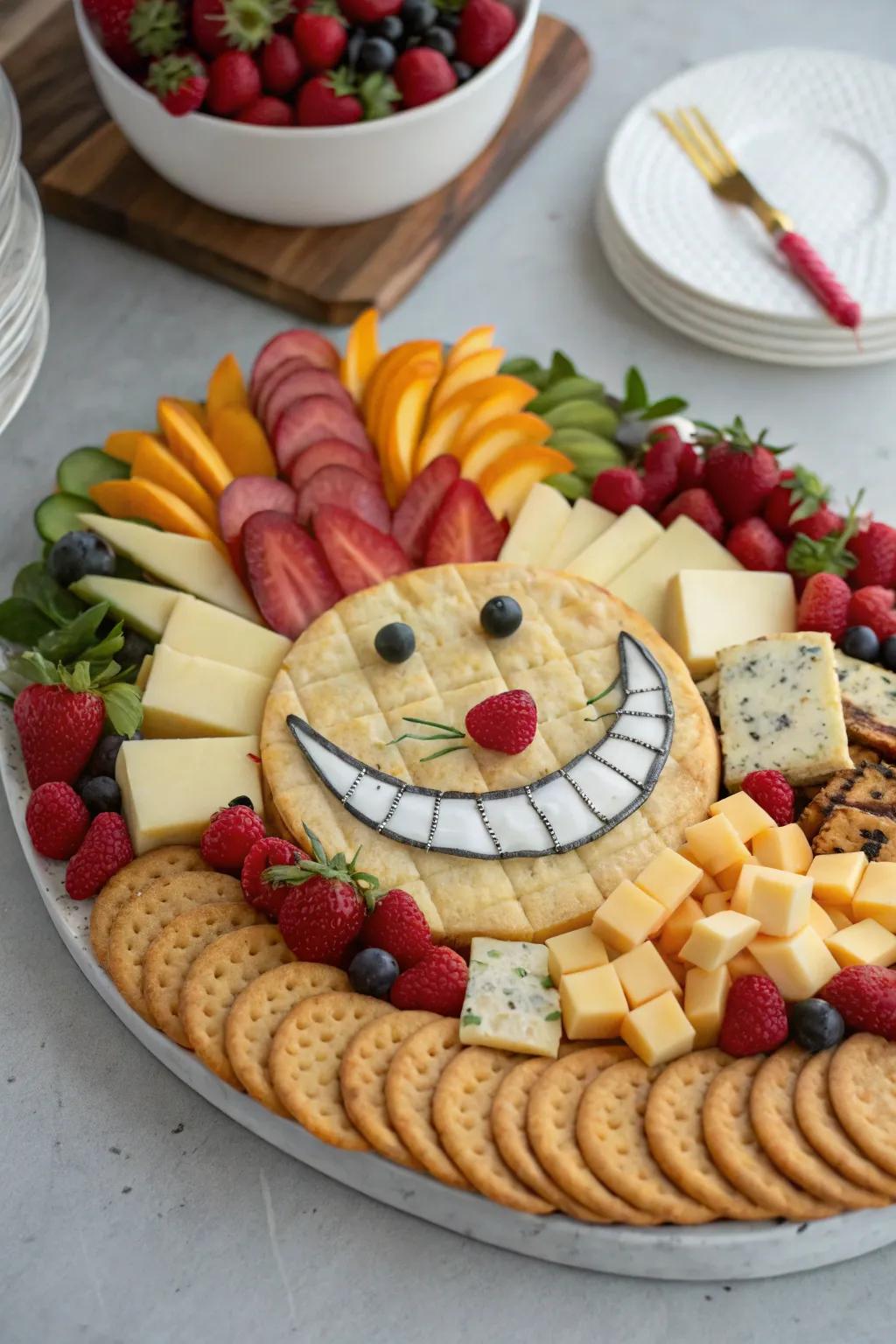 A Cheshire Cat cheese platter with snacks arranged into a whimsical grin.