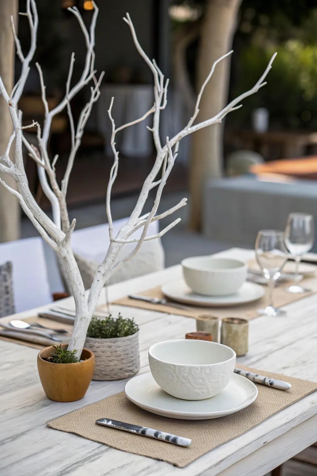 Minimalist elegance with white-painted manzanita branches.