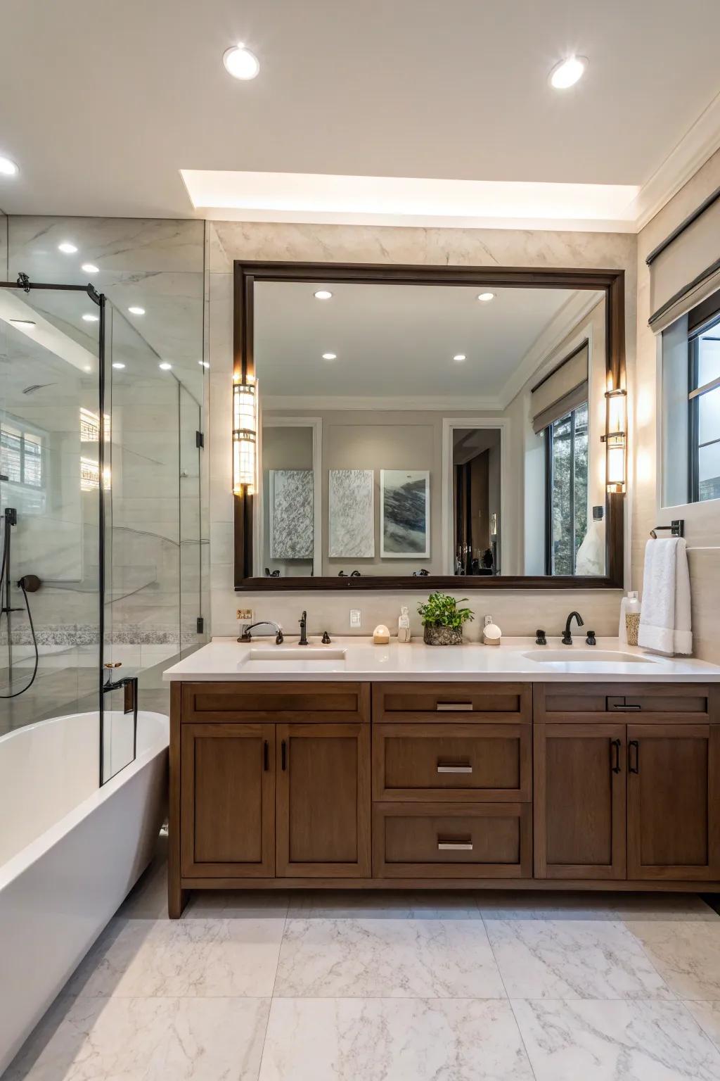 A master bathroom featuring a large rectangular mirror above the vanity.