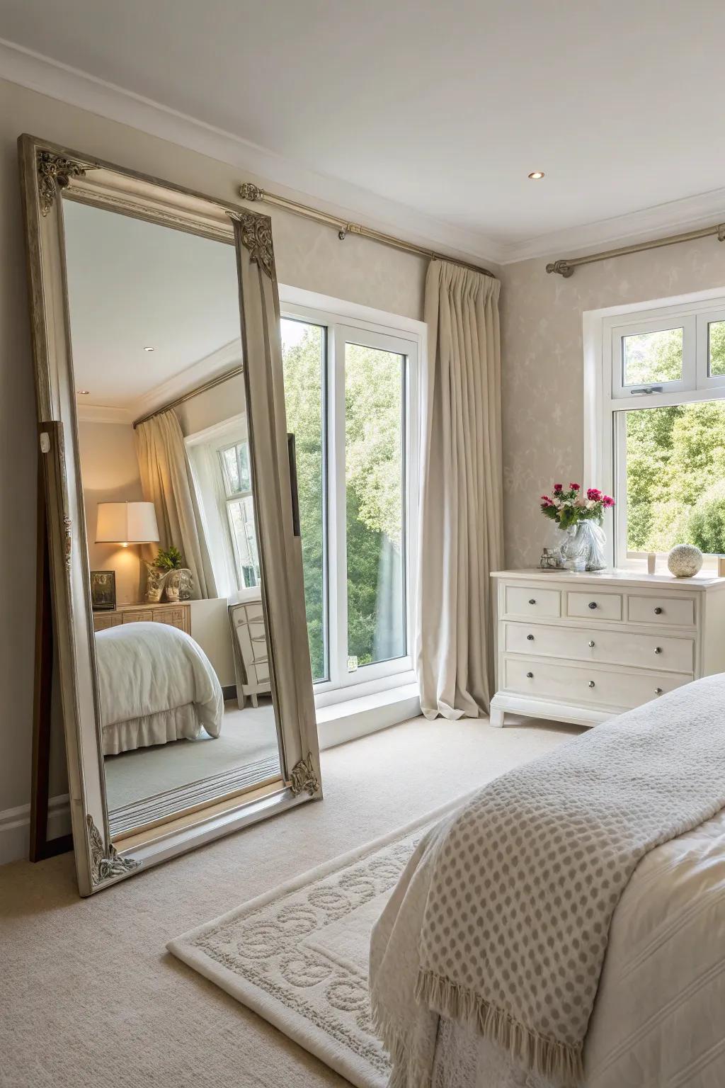 Mirrors amplify light and space in a master bedroom.