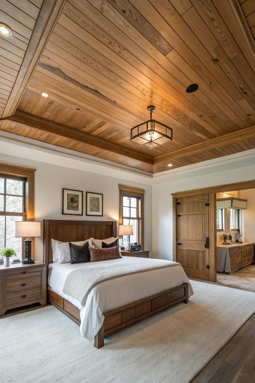 Wood paneling infuses your tray ceiling with rustic charm and warmth.