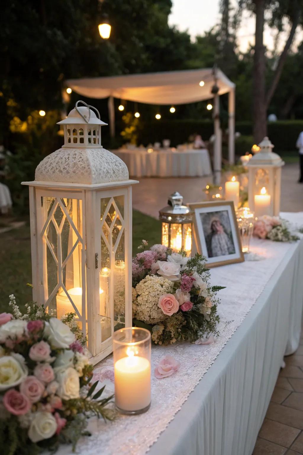 Lanterns bring warmth and charm to the memorial setting.