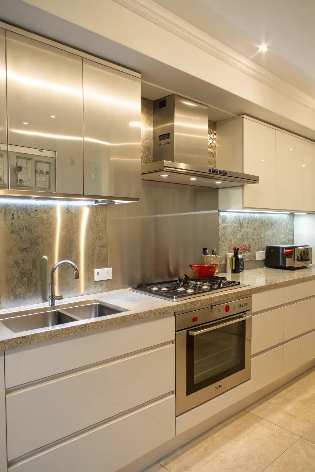 A kitchen with a seamless reflective metal sheet backsplash.