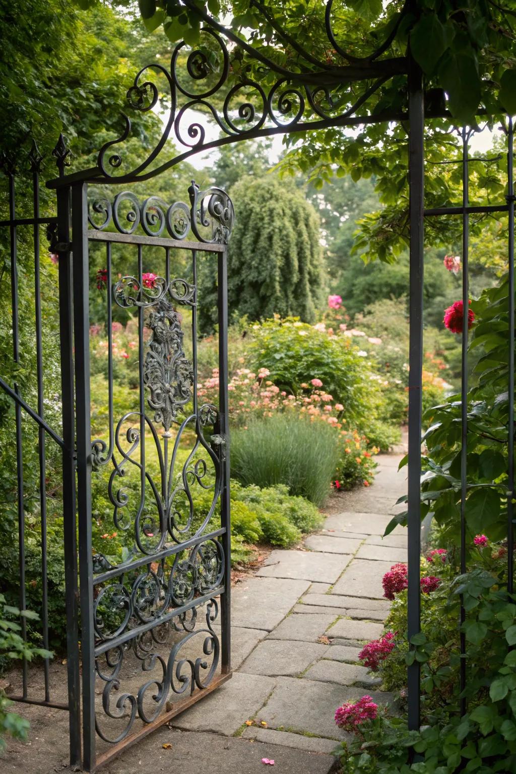 An elegant metal gate with intricate scrollwork that exudes timeless charm.