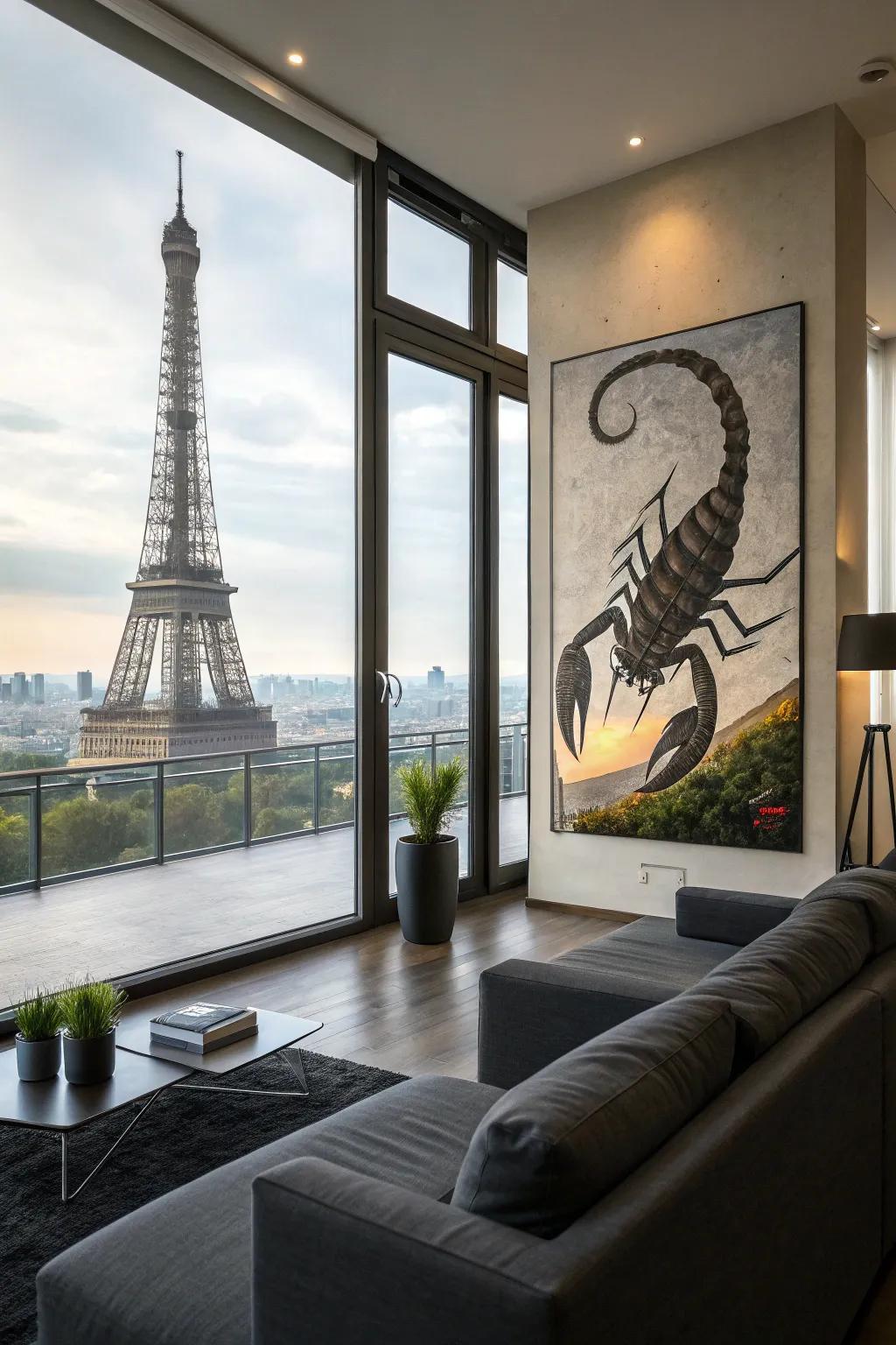 The Eiffel Tower transforms into a scorpion, adding a daring flair.