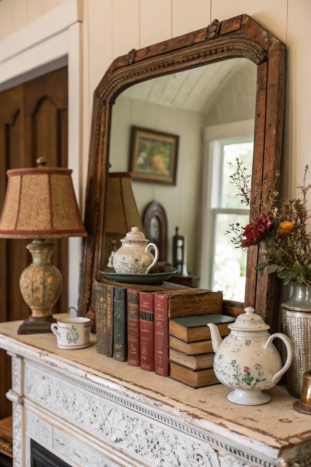 A vintage mirror with a shelf, perfect for adding character to any room.