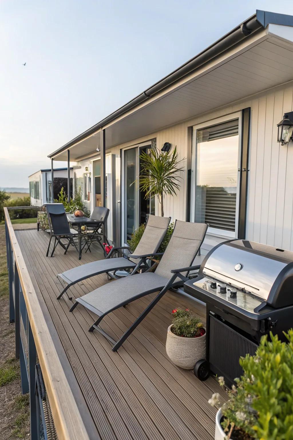 A stylish deck with lounge chairs and a barbecue grill, perfect for outdoor entertainment.